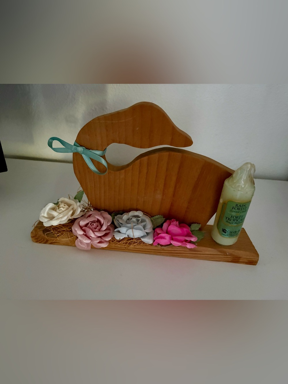 Vintage Wooden Goose Flowers Taper Candle Holder Decor Sitter Candle-Lite 80s